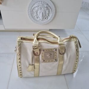 Versace Gold and Cream Studded Snap Out Of It Bag Soft Napa Leather Exc. Cond